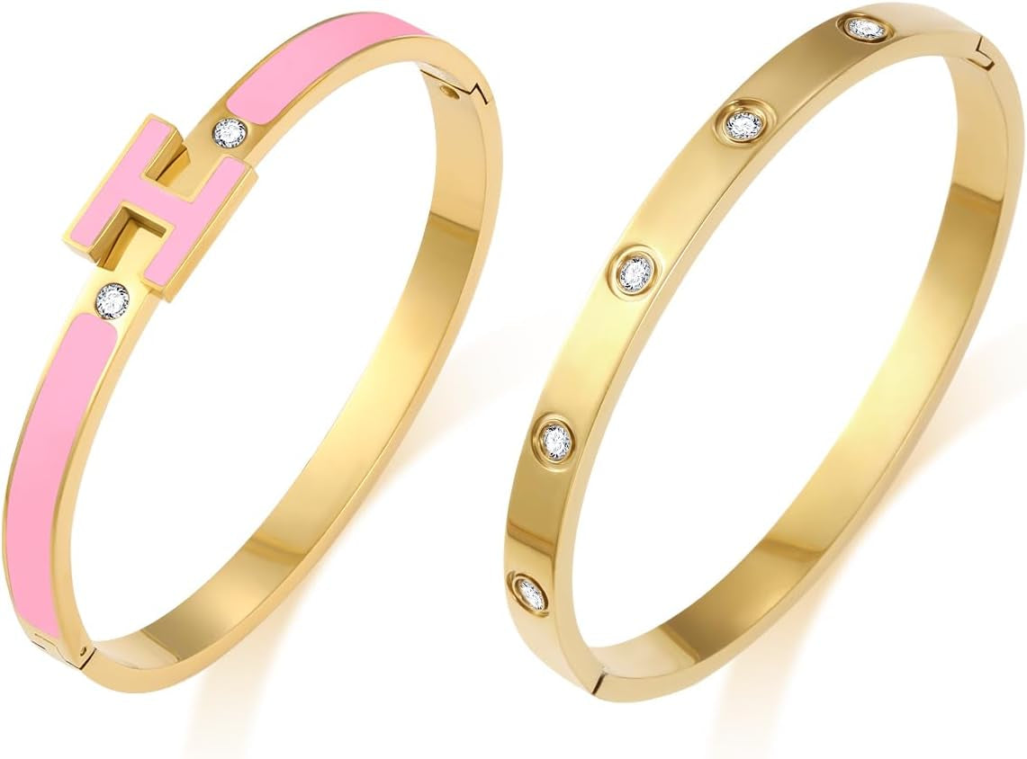 H Bracelets for Women 18K Gold Plated Bangle Bracelet Stack Cubic Zirconia Love Bangle Bracelets Set Gold Bracelet Stackable Trendy Jewelry Birthdays Christmas Gifts for Women