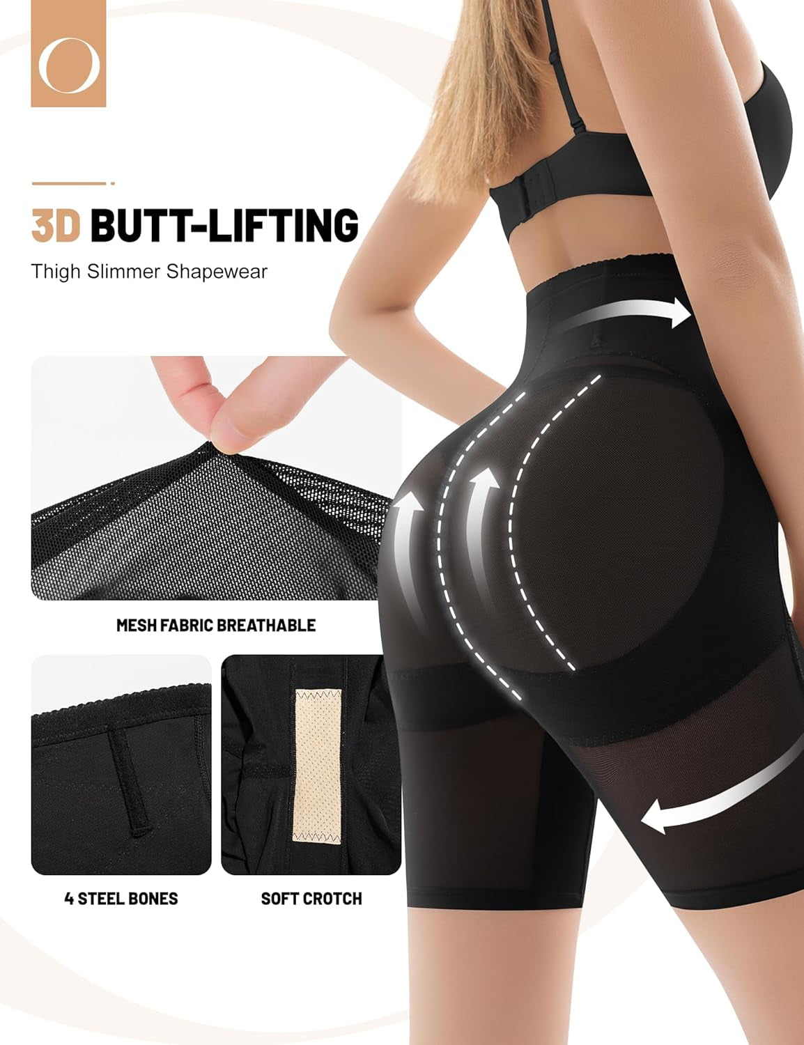 Black butt lifting and thigh slimming shapewear shorts back view