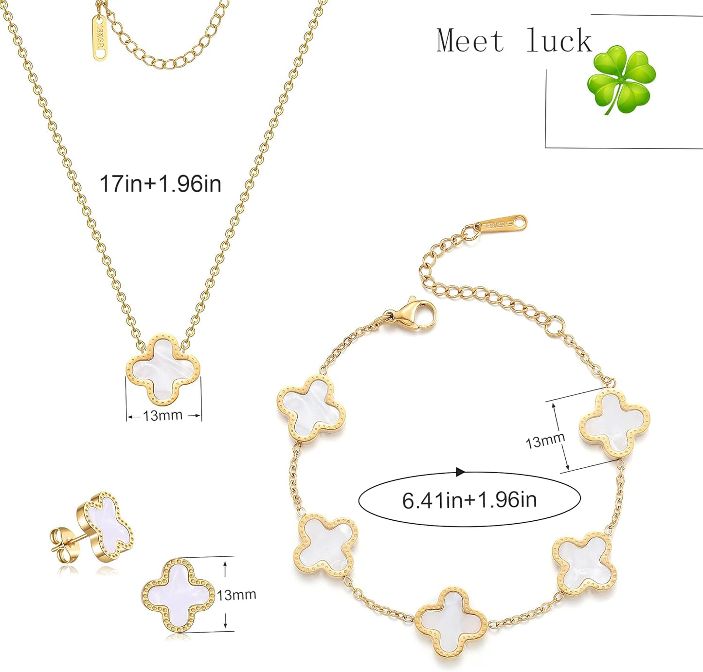Lucky Clover Sets, 18K Gold Plated Four Leaf Bracelet, Necklace Pendant, Earrings for Women Flower Link Bracelets Set Jewelry Gifts for Women