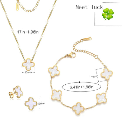 Lucky Clover Sets, 18K Gold Plated Four Leaf Bracelet, Necklace Pendant, Earrings for Women Flower Link Bracelets Set Jewelry Gifts for Women