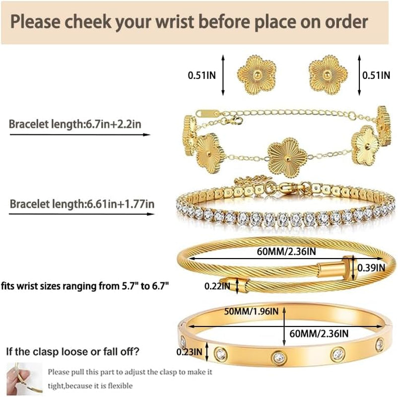 Freinit Bracelets and Earrings Set for Women 5Pcs 18K Gold Plated Nail Love Bangle Bracelet Set Adjustable Bracelet Stackable Flower Tennis Bracelet Gifts for Christmas Valentines Women'S Day and Mother'S Day