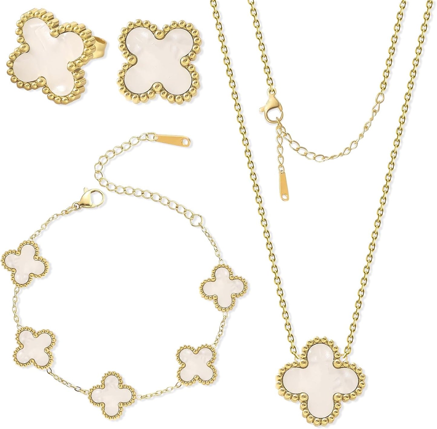White Clover Jewelry Set for Women 18K Gold Plated Lucky Four Leaf Clover Necklace, Floral Link Chain Bracelet Elegant Earrings Romantic Charm Gift Set for Mom, Wife, Daughter, Girlfriend, Her