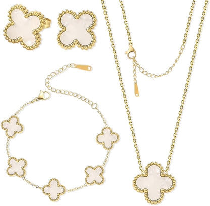 White Clover Jewelry Set for Women 18K Gold Plated Lucky Four Leaf Clover Necklace, Floral Link Chain Bracelet Elegant Earrings Romantic Charm Gift Set for Mom, Wife, Daughter, Girlfriend, Her