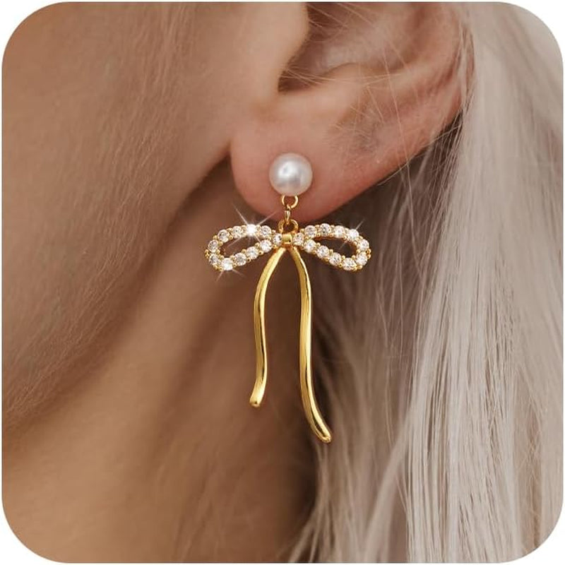 Risamil 14K Gold Plated/Silver Earrings for Women Trendy, Dainty Bow Earrings for Women Cute Pearl Huggie Earring Hoops Twist Rope Bow Stud Pearl Dangle Cubic Zirconia Earrings Jewelry Gifts