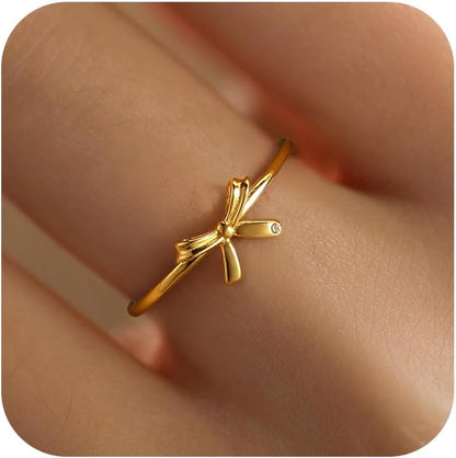 Bow Rings for Women Mother Daughter Friendship Knot Ring 925 Sterling Silver Dainty 14K Gold Plated Promise Rings for Her Birthday Graduation Gifts