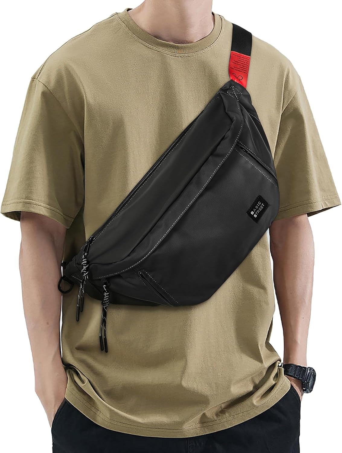 Woman wearing water-resistant waist bag during outdoor activity