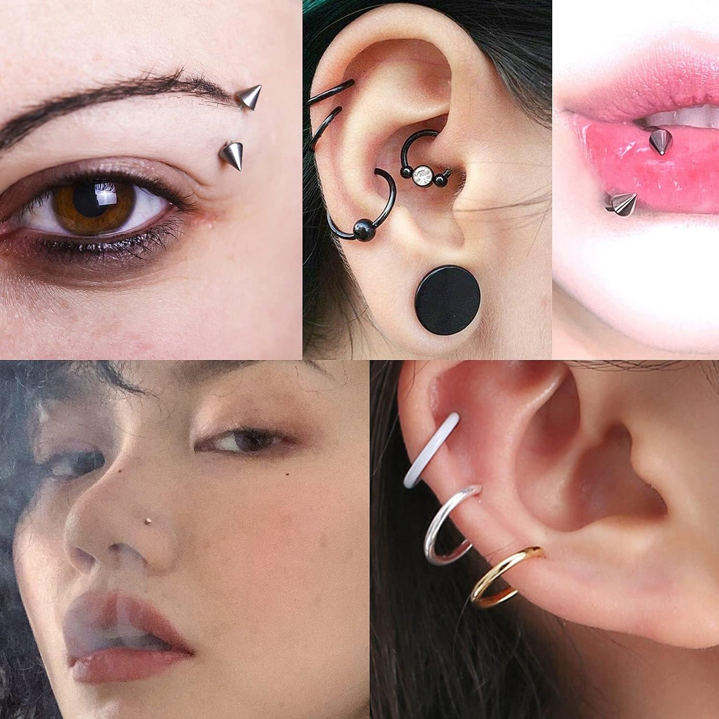 Vsnnsns Piercing Kit 316L Surgical Steel Body Jewelry Piercing Kit with 12G 14G 16G 18G 20G Piercing Needles Use for Nose Septum Lip Tongue Belly Eyebrow Rings Ear Piercing Kit Silver Black Rainbow