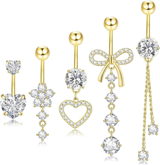 14G Clicker Belly Button Ring, Dangle Belly Button Rings, Surgical Stainless Steel CZ Cute Navel Body Piercing Jewelry for Women, Gold/Silver/Pink