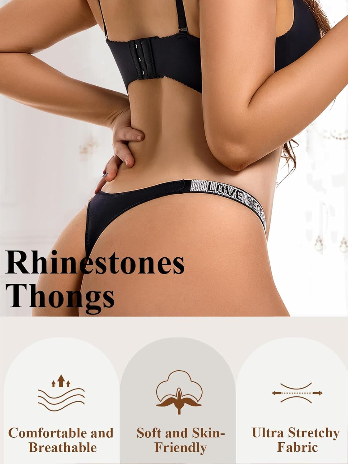 Rhinestone embellished thong panties ice silk breathable fabric detail