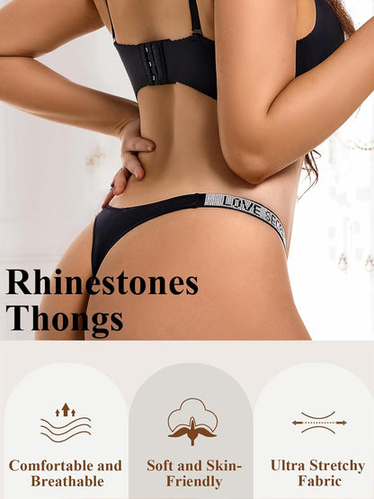 Rhinestone embellished thong panties ice silk breathable fabric detail