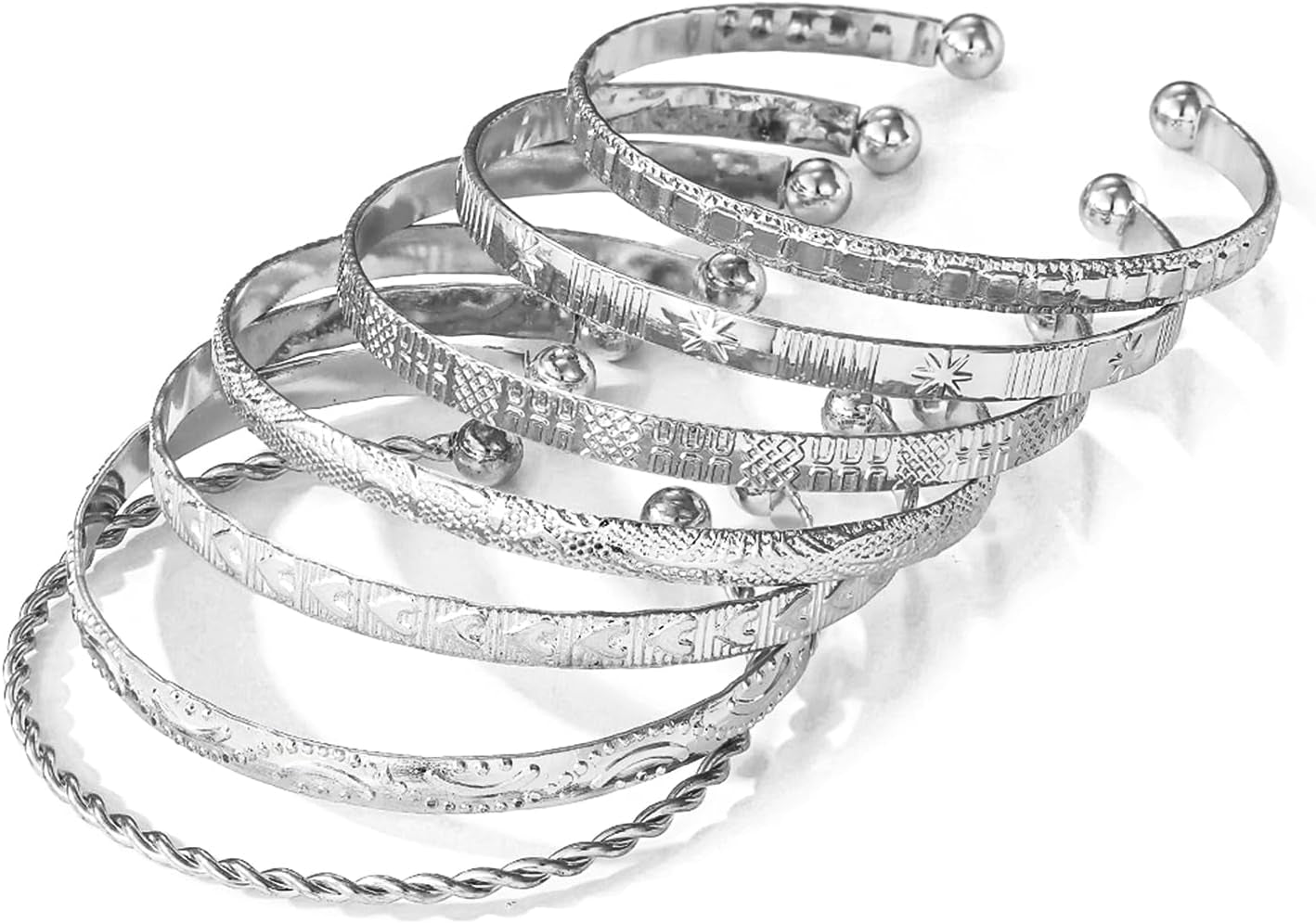 Multi-layer smooth and textured silver bracelet stack