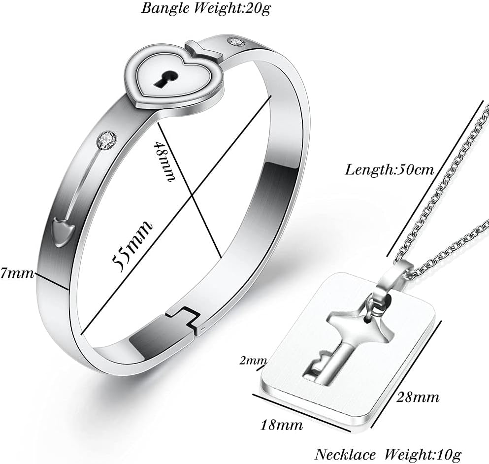 His and hers love heart key lock bangle bracelets