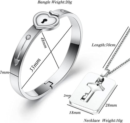 His and hers love heart key lock bangle bracelets