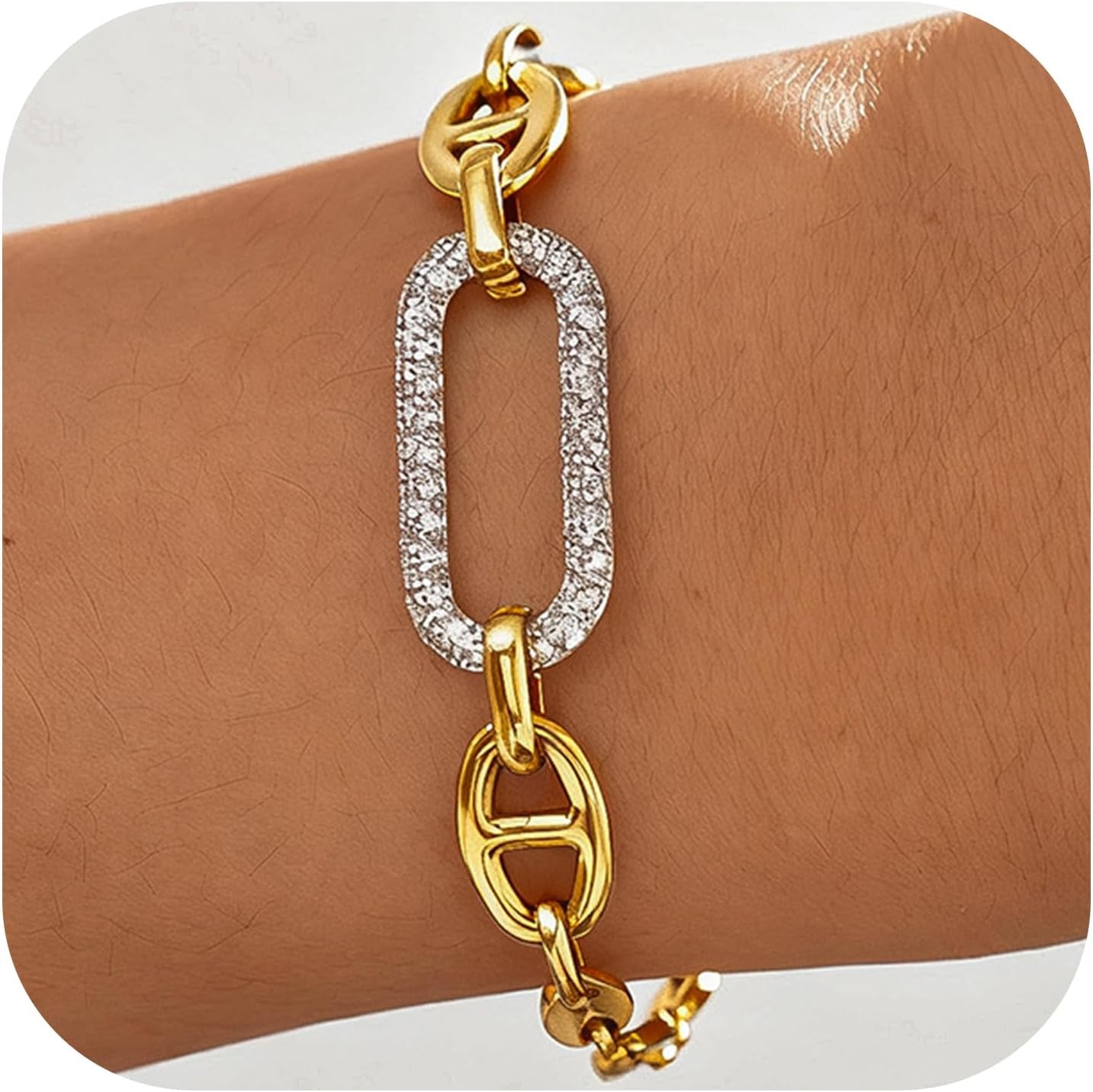 18K Gold Bracelets for Women, Adjustable Waterproof Non-Tarnish Titanium Chain with Pavé AAA+ CZ Accent, Dainty Gold Plated Paperclip Bracelet Jewelry Christmas Gifts