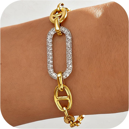 18K Gold Bracelets for Women, Adjustable Waterproof Non-Tarnish Titanium Chain with Pavé AAA+ CZ Accent, Dainty Gold Plated Paperclip Bracelet Jewelry Christmas Gifts
