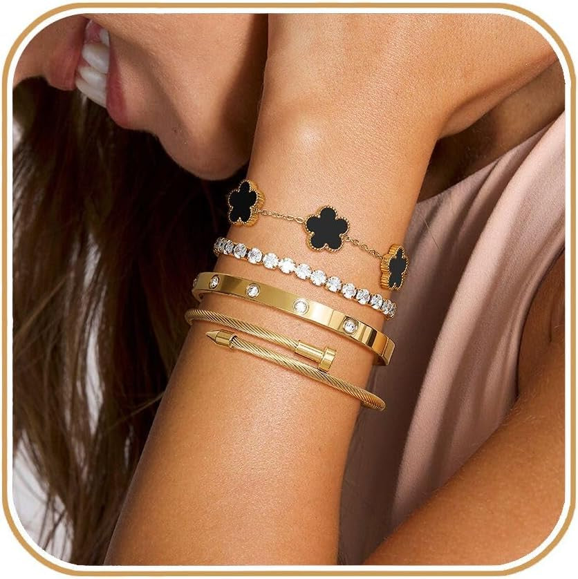 Gold Tone Clover Bracelets Set Love Bangles Bracelets for Women Non Tarnish, Stacking Bracelets Trendy Jewelry Gift for Women