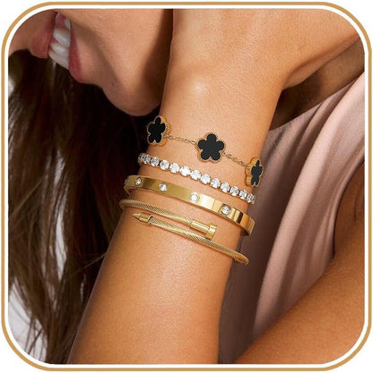 Gold Tone Clover Bracelets Set Love Bangles Bracelets for Women Non Tarnish, Stacking Bracelets Trendy Jewelry Gift for Women