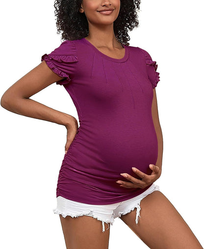 GINKANA Maternity Tops Short Petal Sleeve Tshirt Pleated round Neck Tee Ruched Sides Shirts Casual Tunic