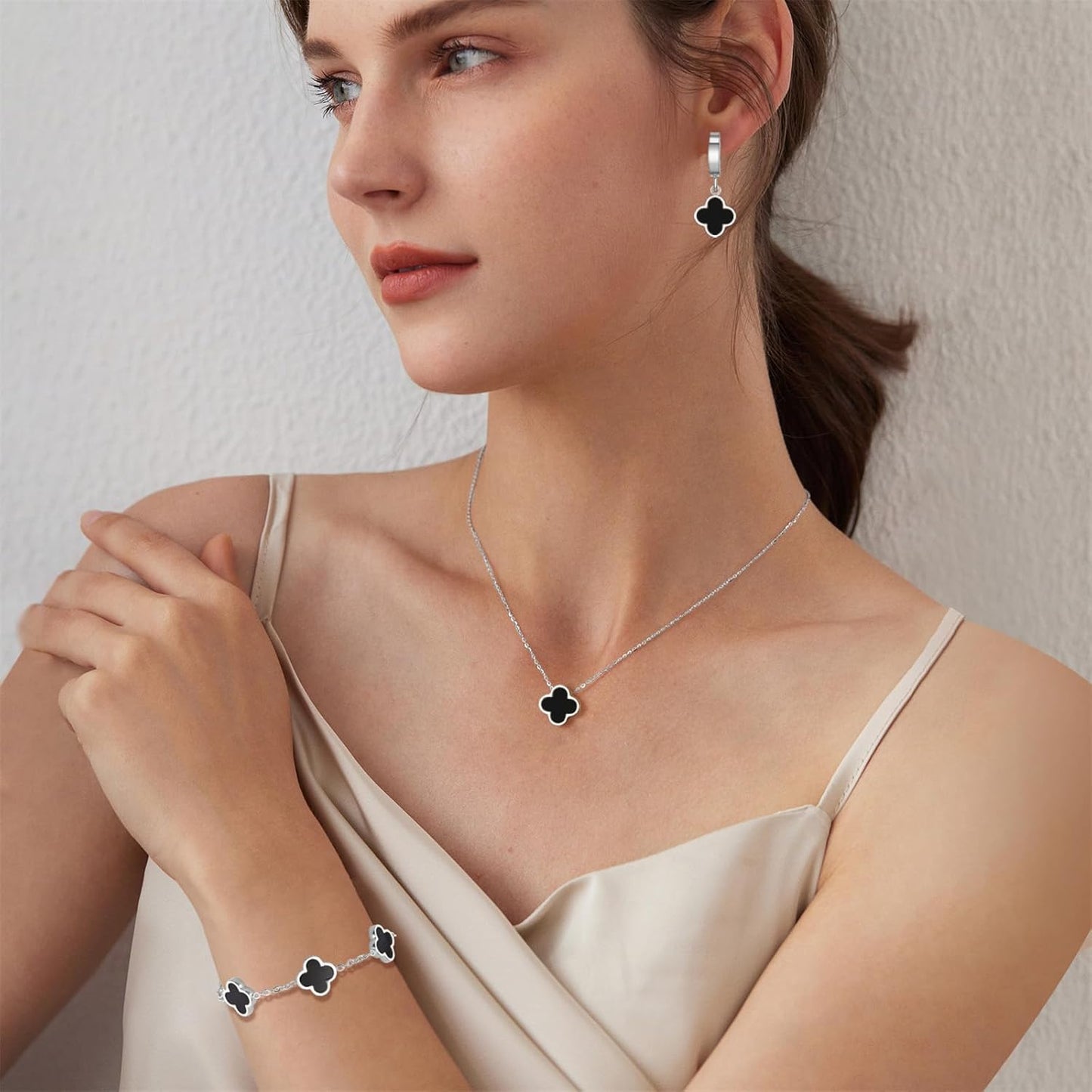 18K Gold Plated Lucky Clover Jewelry Set Black White and Red Four Leaf Clove Bracelet Necklace and Earrings Fashion Birthday Gifts for Women