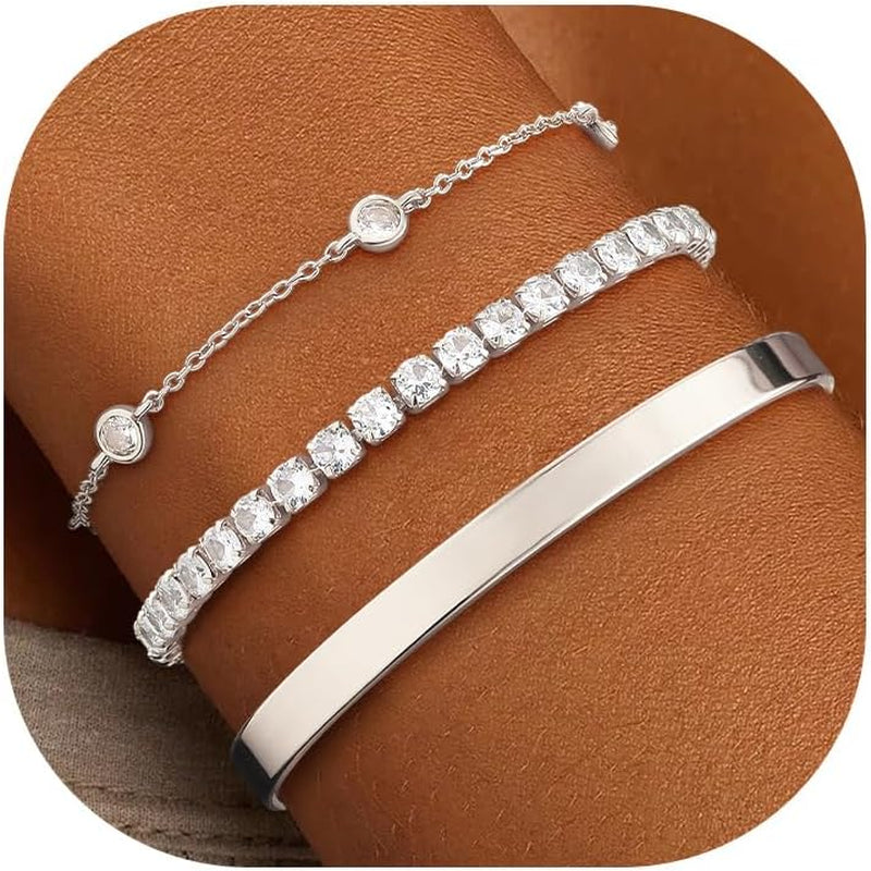 ZOERAY Silver Gold Bangle Bracelets for Women Non Tarnish 14K Gold Plated Stackable Cuff Bracelets for Women Trendy Cubic Zirconia Stainless Steel Chunky Bracelet Stack Set Waterproof Jewelry Gifts