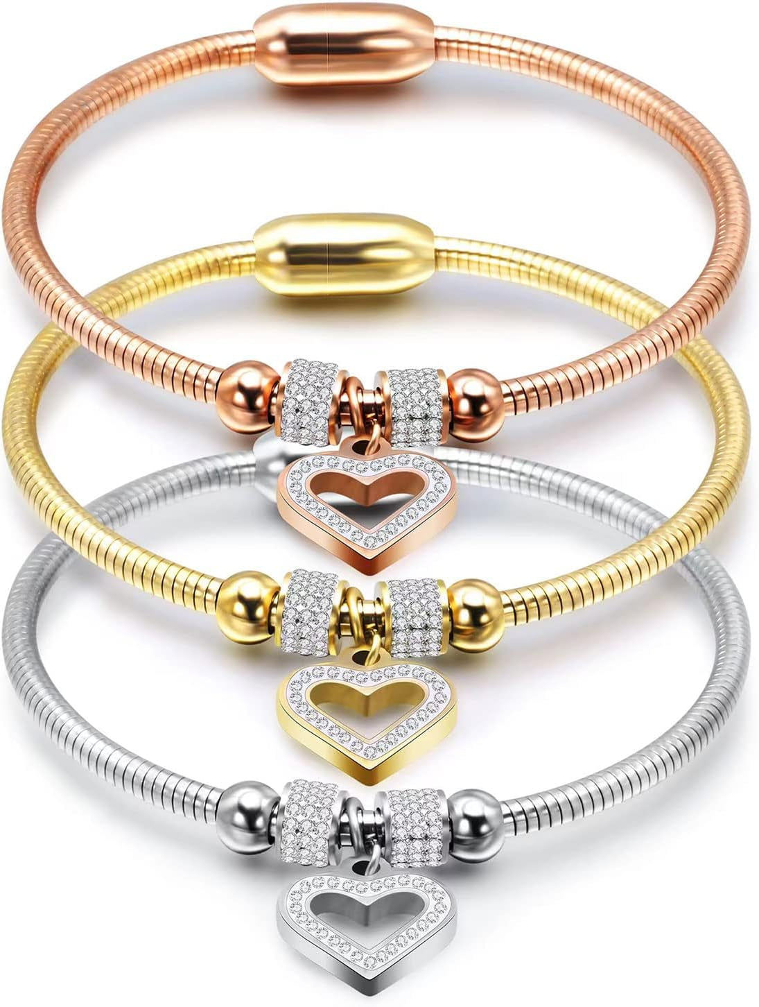 Kunbead Heart Charm Birthday Bracelet Stainless Steel Love Bangle Cuff Jewelry Bracelets for Women