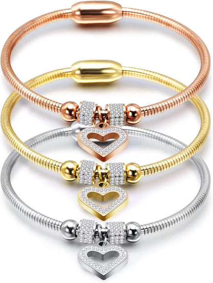 Kunbead Heart Charm Birthday Bracelet Stainless Steel Love Bangle Cuff Jewelry Bracelets for Women