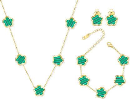 Five Leaf Clover Jewelry Set for Women |18K Gold Plated Bracelet Necklace Earrings | 5 Leaf Lucky Choker and Ear Studs for Mother and Daughter