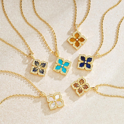 MEVECCO Gold Four Leaf Clover Necklace for Women 14K Gold Plated Clover Pendant Necklace Double Side with Diamond Vintage Filigree Flower Necklace Gift