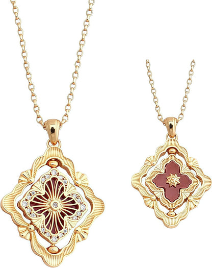 Gold Clover Necklace for Women, Double-Sided Pendant by 18K Gold-Plated Inlaid Natural Stone Pendant Necklace,Turquoise/Malachite/Black Onyx Stone/White Mother of Pearl ,Jewelry Gift for Women