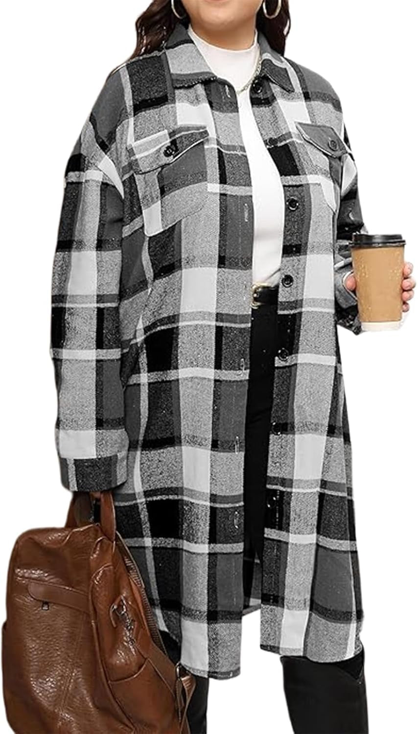 Plus size women's flannel jacket layered over fitted top