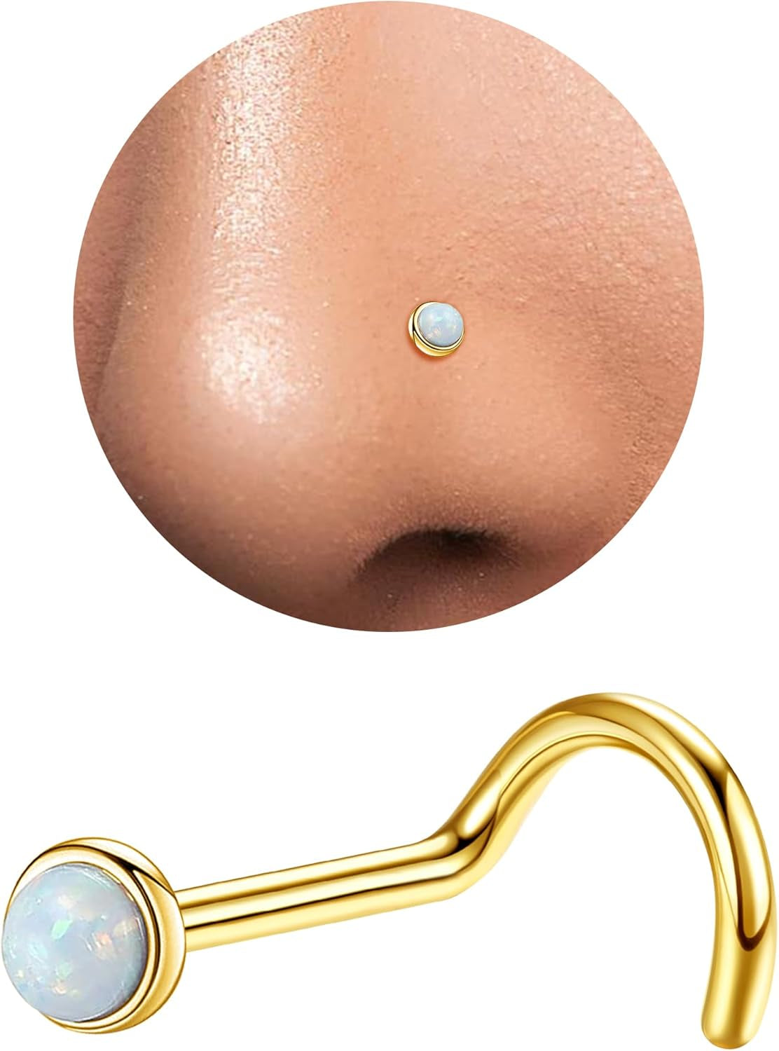 3Mm G23 Titanium Opal Nose Rings Studs Hypoallergenic L Shaped Screw Small Nose Rings for Women Men 20G Handmade 14K Gold Plated Nose Nostril Piercing Jewelry