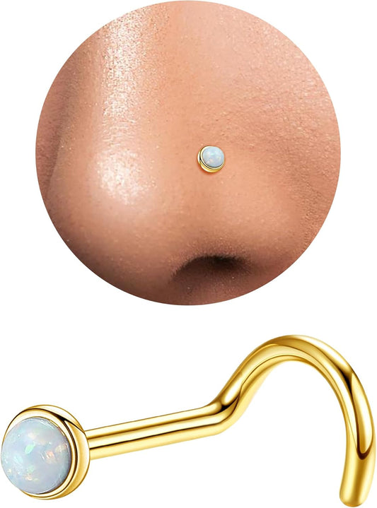 3Mm G23 Titanium Opal Nose Rings Studs Hypoallergenic L Shaped Screw Small Nose Rings for Women Men 20G Handmade 14K Gold Plated Nose Nostril Piercing Jewelry
