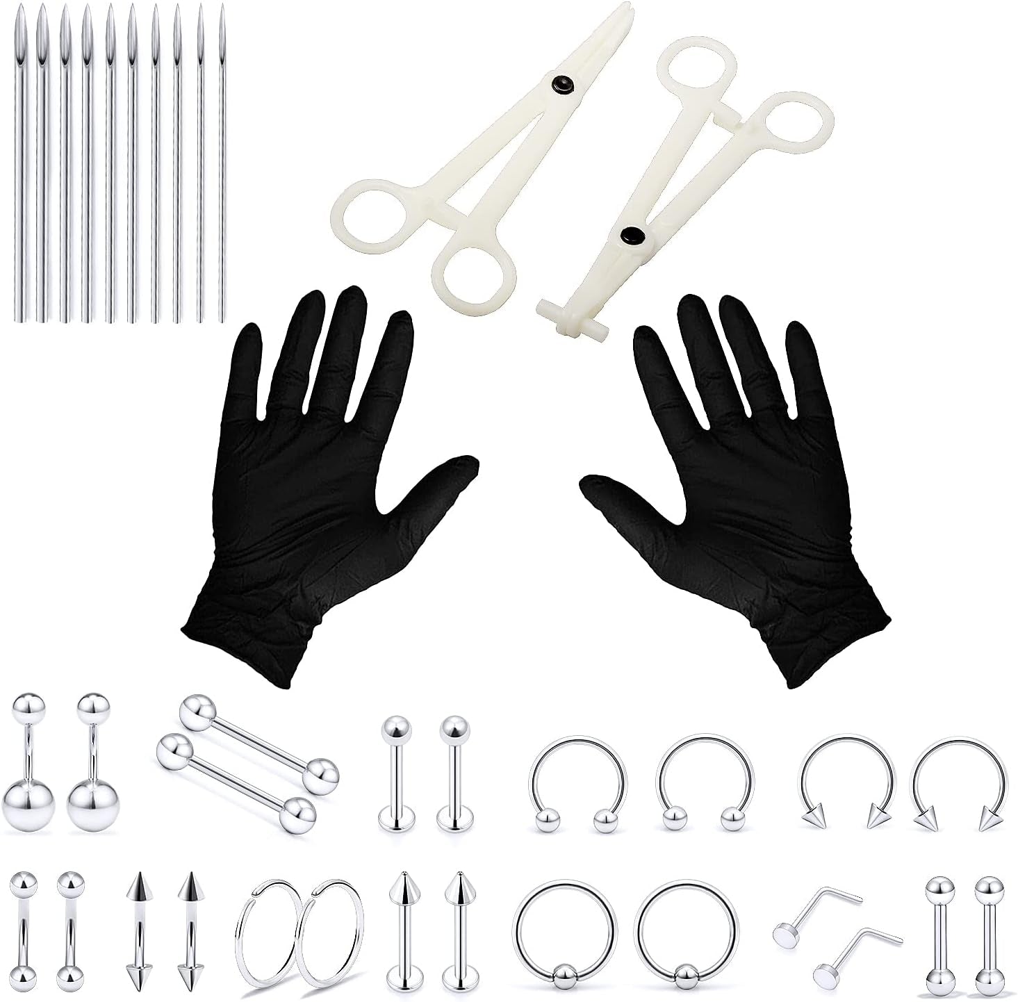 Vsnnsns Piercing Kit 316L Surgical Steel Body Jewelry Piercing Kit with 12G 14G 16G 18G 20G Piercing Needles Use for Nose Septum Lip Tongue Belly Eyebrow Rings Ear Piercing Kit Silver Black Rainbow