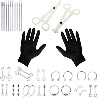 Vsnnsns Piercing Kit 316L Surgical Steel Body Jewelry Piercing Kit with 12G 14G 16G 18G 20G Piercing Needles Use for Nose Septum Lip Tongue Belly Eyebrow Rings Ear Piercing Kit Silver Black Rainbow