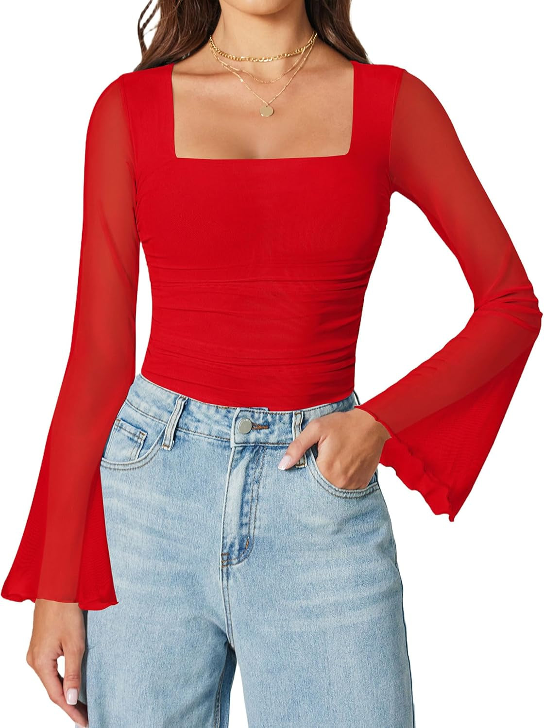 Avidlove Bodysuits for Women Long Bell Sleeve Mesh Square Neck Body Suits Going Out Tops Country Concert Outfits