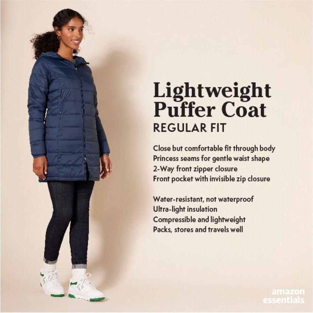 Woman wearing packable puffer coat showing fitted silhouette