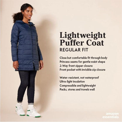 Woman wearing packable puffer coat showing fitted silhouette