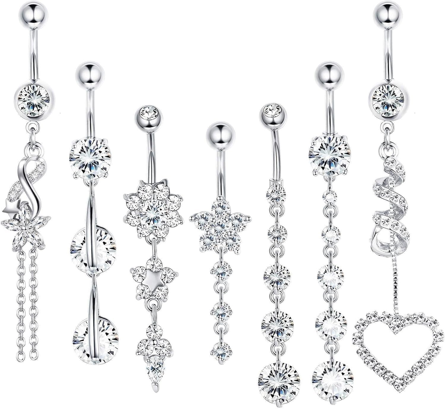 LOLIAS 7 Pcs 14G Dangle Belly Button Rings for Women 316L Surgical Steel Curved Navel Barbell Body Jewelry Piercing