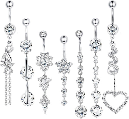 LOLIAS 7 Pcs 14G Dangle Belly Button Rings for Women 316L Surgical Steel Curved Navel Barbell Body Jewelry Piercing