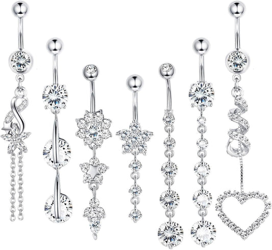LOLIAS 7 Pcs 14G Dangle Belly Button Rings for Women 316L Surgical Steel Curved Navel Barbell Body Jewelry Piercing