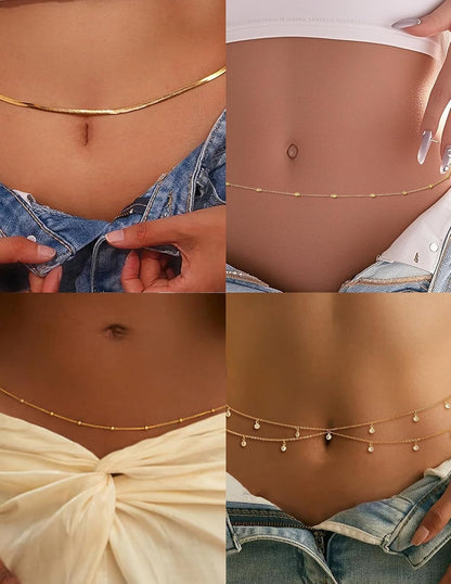 8Pcs Waist Chain 18K Gold Plated Belly Belt Chains Sexy Bikini Summer Beach Satellite Beaded Sequin Snake Layered Coin CZ Body Chain Jewelry Accessories for Women Gold Silver Tone Adjustable