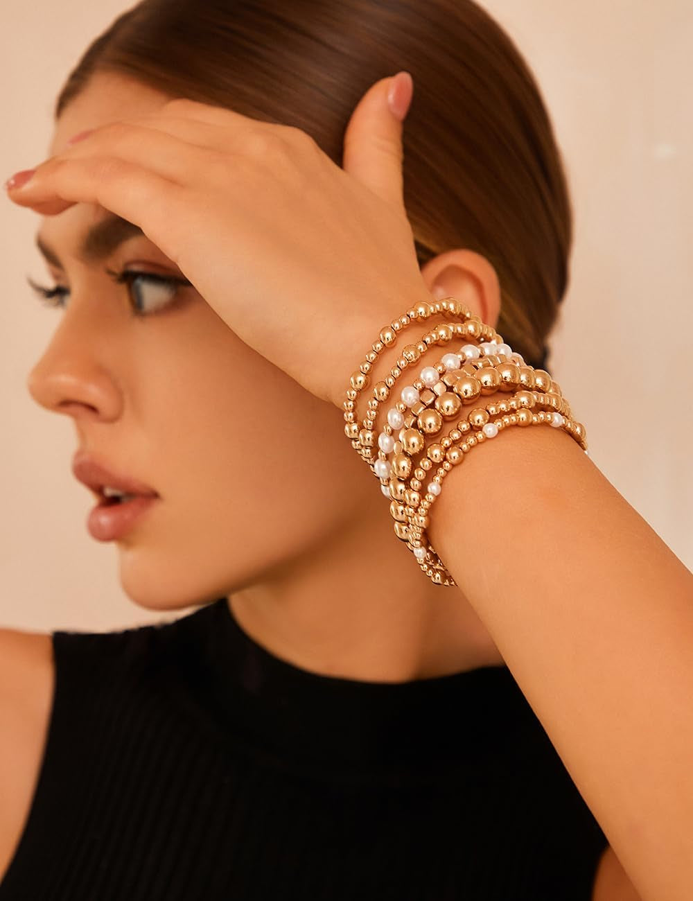 KISS WIFE Gold Bracelets for Women Gold Bracelet Stack Pearl Beaded Bracelets for Women Strand Bead Ball Stretchable Elastic Bracelet Set Adjustable Fashion Accessories Jewelry for Gifts