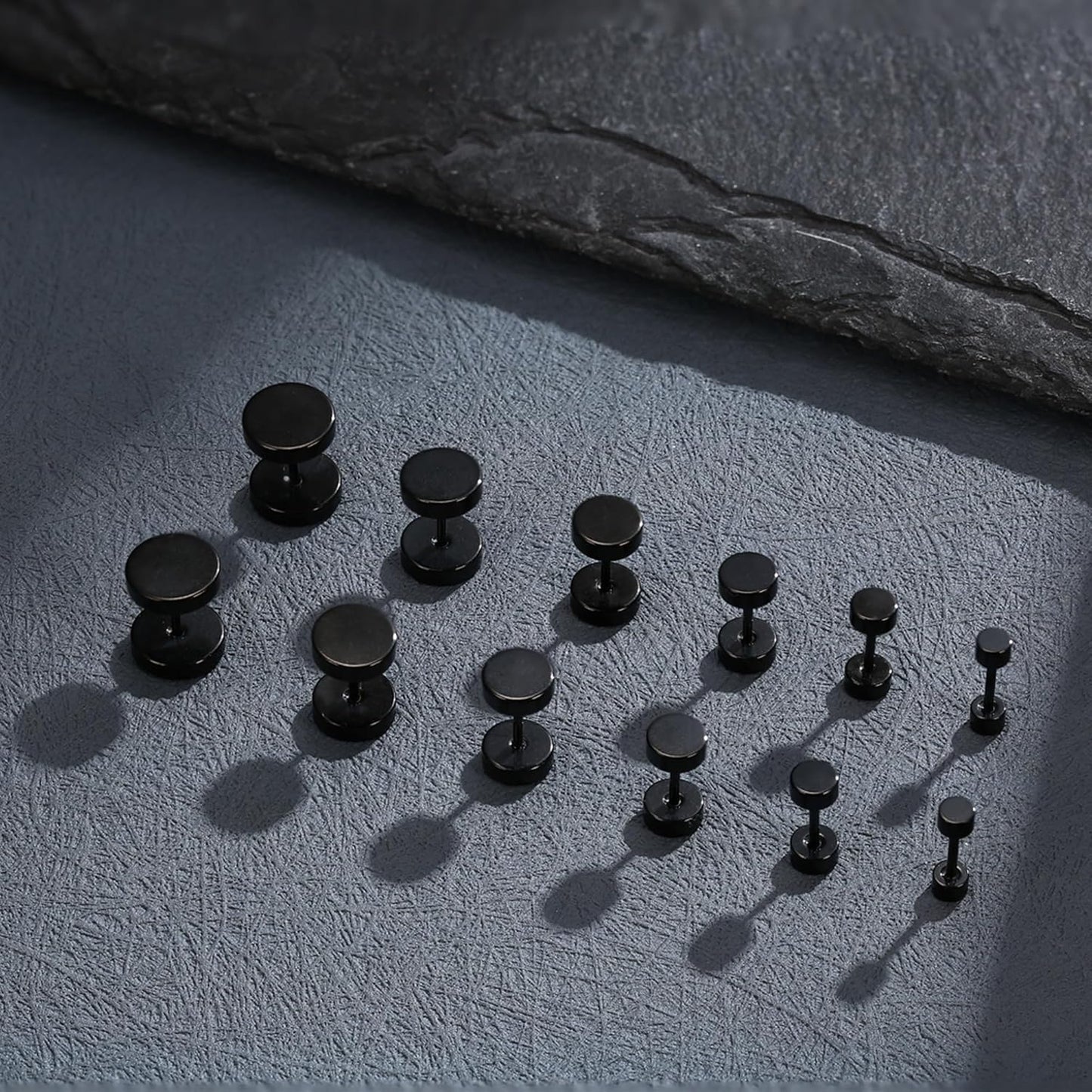 FIBO STEEL 6 Pairs Stainless Steel Black Stud Earrings for Men Women Faux Gauges Ear Tunnel Fake Gauge Earrings 3-8Mm