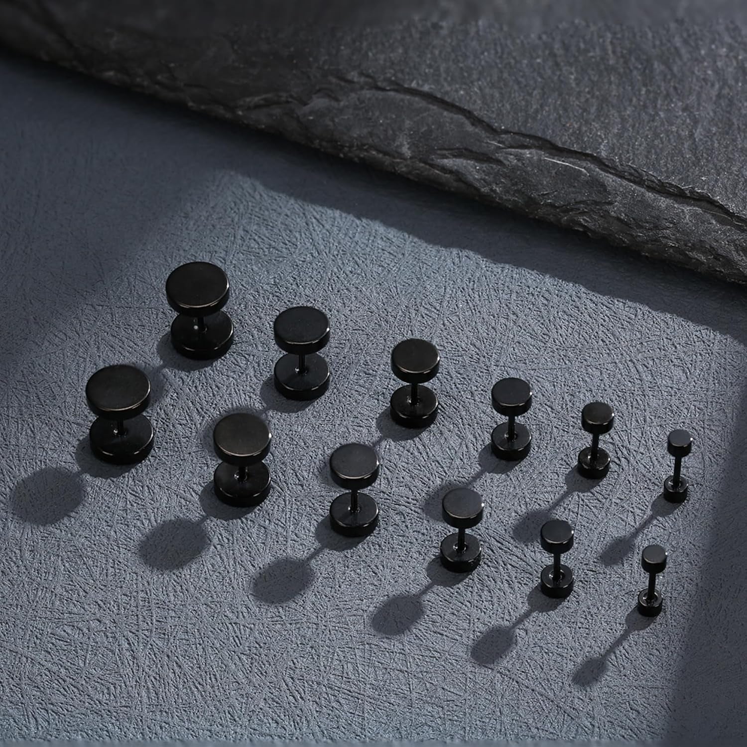 FIBO STEEL 6 Pairs Stainless Steel Black Stud Earrings for Men Women Faux Gauges Ear Tunnel Fake Gauge Earrings 3-8Mm