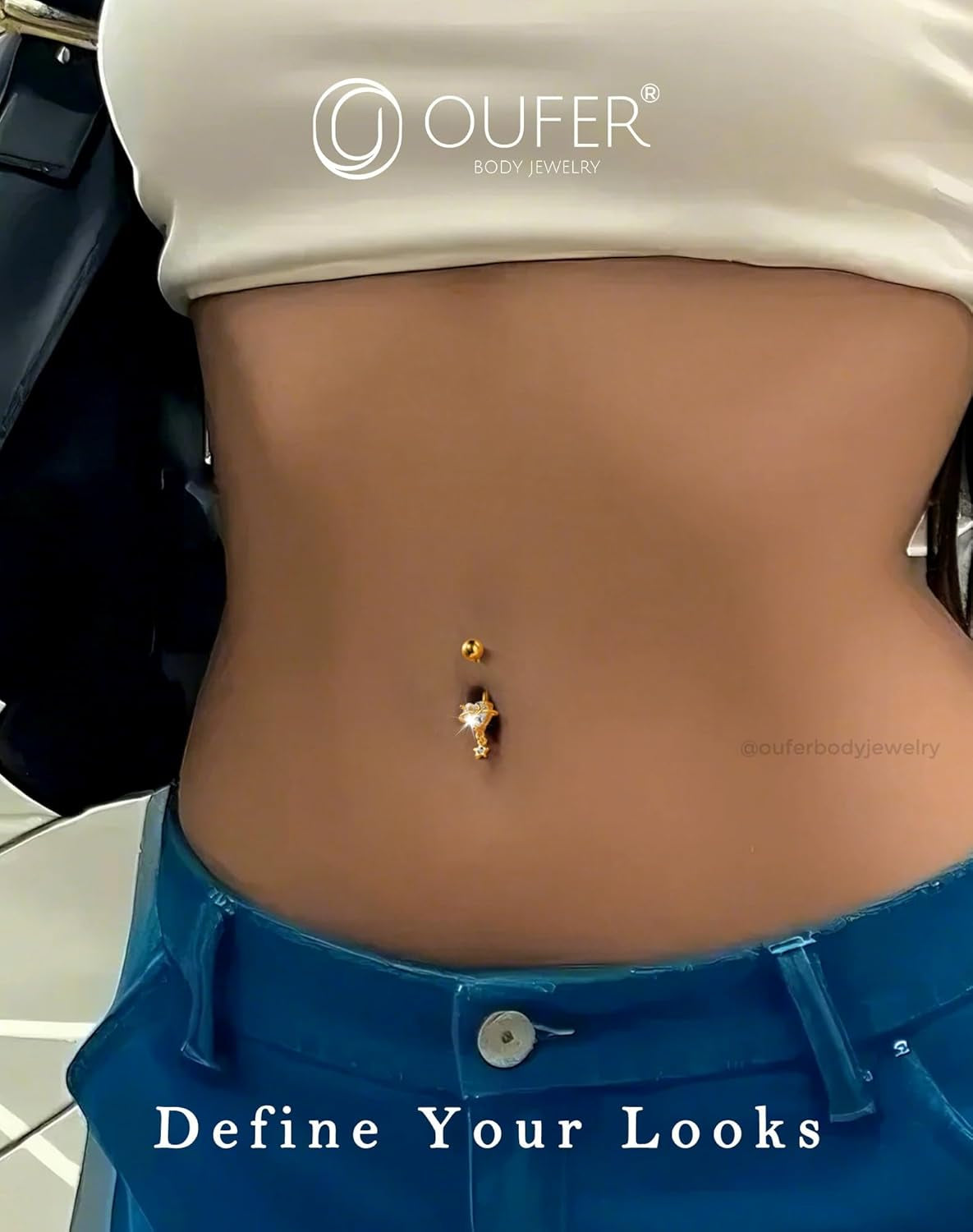 OUFER Dangle Belly Button Rings, 316L Surgical Steel Belly Rings for Women, 14G Heart Navel Piercing Jewelry, Star Dangling Clear CZ Curved Barbells Silver/Gold 10MM