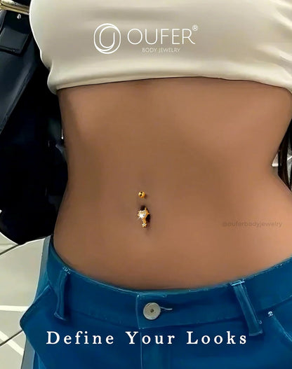 OUFER Dangle Belly Button Rings, 316L Surgical Steel Belly Rings for Women, 14G Heart Navel Piercing Jewelry, Star Dangling Clear CZ Curved Barbells Silver/Gold 10MM