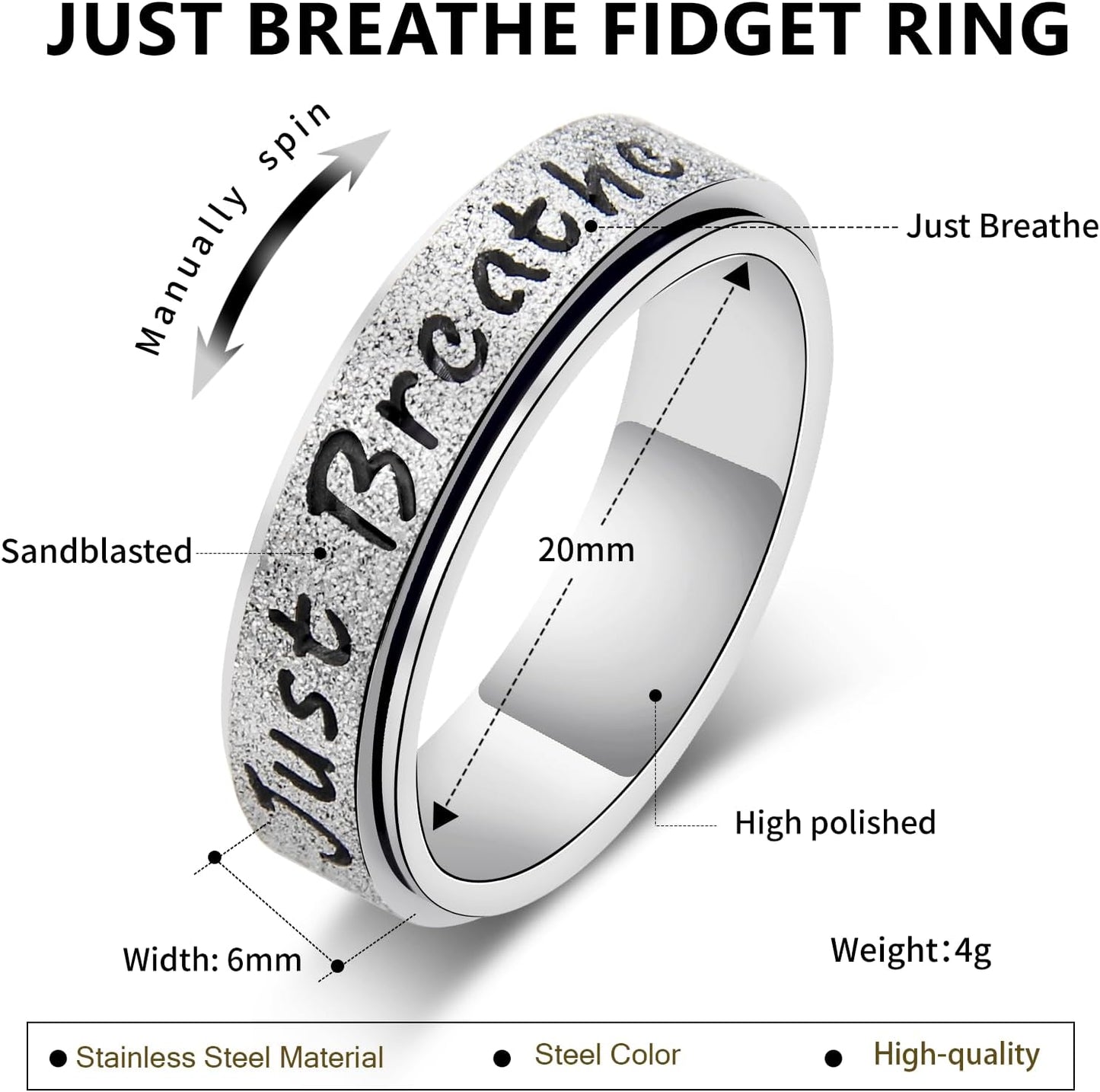 Fidget Spinner Ring for Women - Just Breathe Inspirational Hope Rings, Stainless Steel Anxiety Women'S Ring for Stress Relief, Thumb Rotating Rings for Adults Jewelry Gift for Her