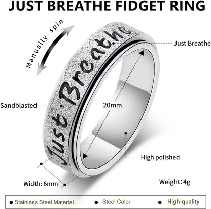 Fidget Spinner Ring for Women - Just Breathe Inspirational Hope Rings, Stainless Steel Anxiety Women'S Ring for Stress Relief, Thumb Rotating Rings for Adults Jewelry Gift for Her