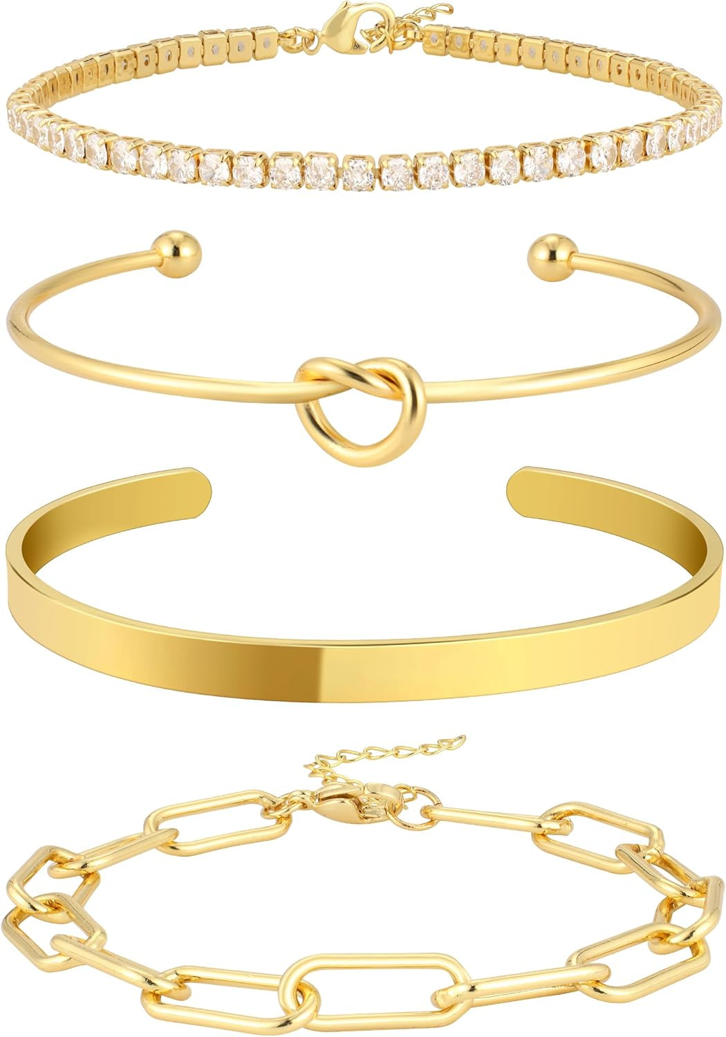 Christmas Stocking Stuffers Gold Bangle Cuff Knot Bracelet for Women Stack Non Tarnish Gold Plated Dainty Cubic Zirconia Tennis Bracelets Jewelry Set for Women Trendy