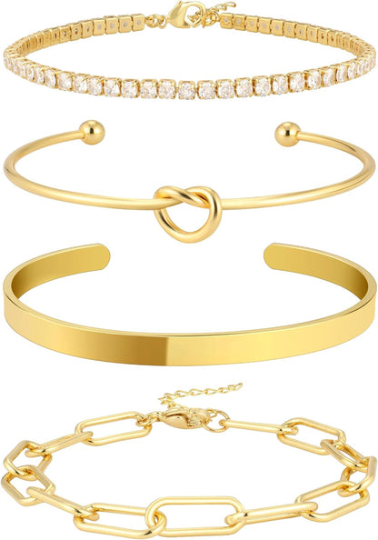 Christmas Stocking Stuffers Gold Bangle Cuff Knot Bracelet for Women Stack Non Tarnish Gold Plated Dainty Cubic Zirconia Tennis Bracelets Jewelry Set for Women Trendy